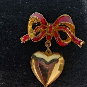 Gold Tone  and Red Heart Bow Brooch